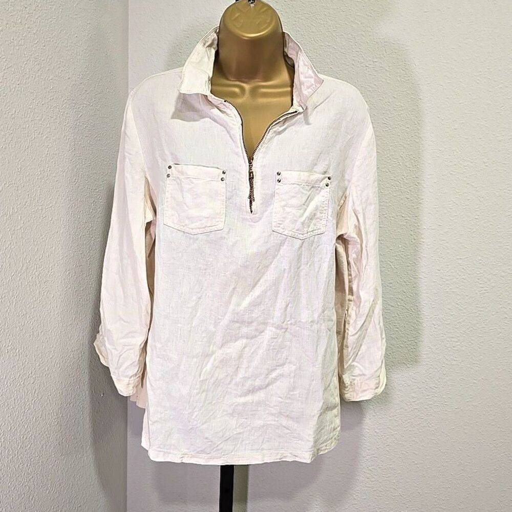 Linen Blend 1/4 Zip Top Womens Lg Cream Pockets Minimalist Preppy Casual Neutral